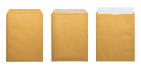 Brown envelope front and back isolated on white background. Letter top view. - obrazy, fototapety, plakaty