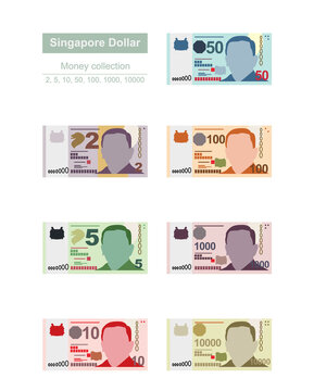 Singaporean Dollar Vector Illustration. Singapore, Brunei money set bundle banknotes. Paper money 2, 5, 10, 50, 100, 1000, 10000 SGD. Flat style. Isolated on white background. Simple minimal design.