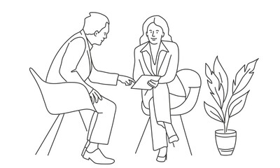 Collaboration of man and woman, meeting of professionals and experts.