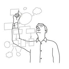 Young businessman busy writing on whiteboard.