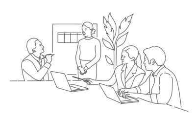 Business people talking and using computers in co-working.