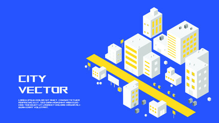 isometric building skyscraper city vector in blue background, urban town design for smart city infographic 