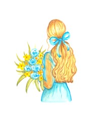 A girl in blue with a bouquet of flowers . Watercolor illustration.