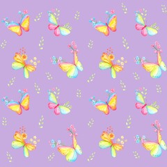 Watercolor seamless pattern with butterflys and flowers.