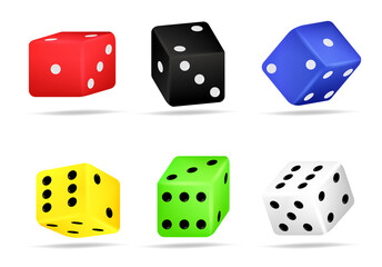 Dice 3d realistic game deisgn icons set. Pipped dices with rounded corners. Die for casino craps, table or board games. Poker Cubes
