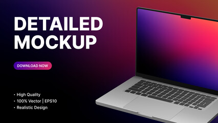 Detailed Laptop in Rotated Position Mockup. Gradient Banner Template. Vector illustration
