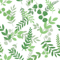 Hand drawn cartoon greenery seamless pattern. Isolated on white background. Forest branches and leaves.