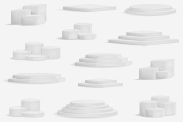 Realistic winner podium. 3D round and square stages. Stepped exhibition or award ceremony platforms set. Showroom pedestals, floor stage platform vector isolated mockup