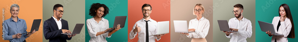 Poster modern technologies concept. set of multiethnic businesspeople with laptops posing over colorful stu