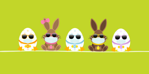 Sitzende Osterhasen Junge & Mädchen Mit 3 Ostereiern Maske Sonnenbrille Banner Grün