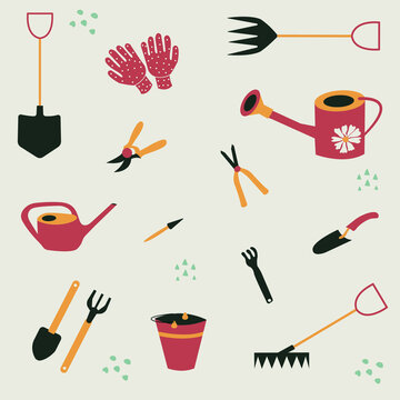 Garden tools. Set of vector icons for gardening. Flat vector illustration for agricultural work. Cultivation of domestic plants. Spring outdoor hobbies.