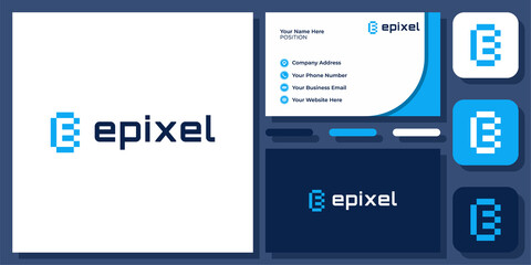 Initial Letter E Pixel Digital Technology Connect Connection Vector Logo Design with Business Card