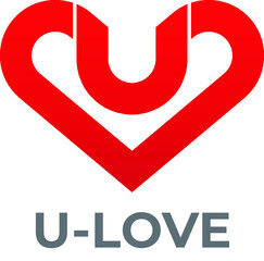 letter U logo design with love heart logomark