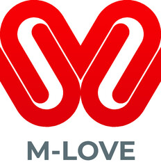 letter M logo design with love heart logomark