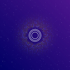 A large white contour radio button symbol in the center, surrounded by small dots. Dots of different colors in the shape of a ball. Vector illustration on dark blue gradient background with stars