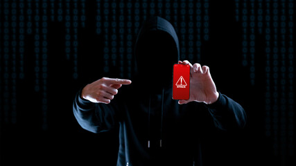 Cyber security hacker smartphone. Internet web hack technology. Digital mobile phone in hacker man hand isolated on black banner. Data protection, secured internet access, cybersecurity.