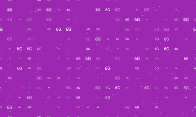 Seamless background pattern of evenly spaced white 6G symbols of different sizes and opacity. Vector illustration on purple background with stars