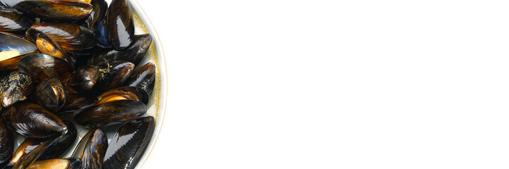 steamed mussels entree. Cooked mussels on white plate on white background deliciousness seafood