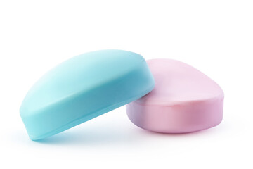 Pink and blue soap bars on white background