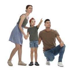 Fototapeta premium Little girl with her parents on white background