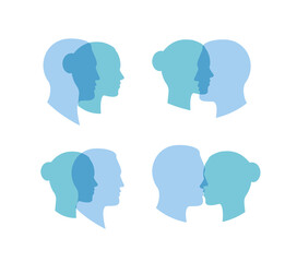Mental and gender identification symbol, bipolar mental issue, relationship emotion balance, blue color heads icon, isolated vector illustration