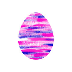 Easter egg painted with lilac, purple and pink horizontal texture brush strokes isolated on white background. Icon. Watercolor illustration. For the design of postcards, labels, packaging.