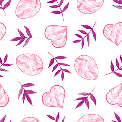 Seamless pattern with Easter eggs, hearts and branches with flowers. Watercolor illustration. Cute spring pattern in pink, lilac colors for banners, textiles, wallpapers, easter cards and packaging