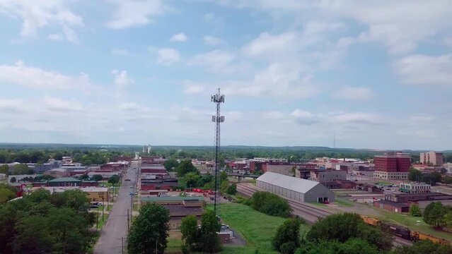 Cell phone tower with 5G technology updates needed stock video by aerial drone footage 3
