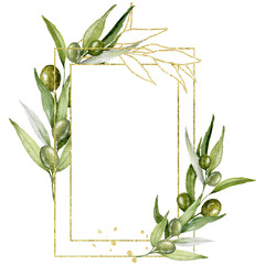Olive Branches Rectangle Frame, Watercolor Gold Foliage Geometric Frame, Floral Wreath for Wedding Stationary, Design, Greetings, Hand Painted Bohemian illustration, Polygonal Greenery Wreath