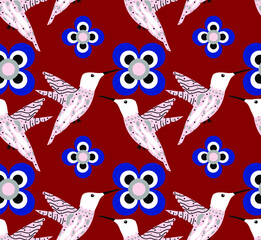 Fototapeta premium Abstract Hand Drawing Flying Hummingbirds and Flowers Seamless Retro Vector Pattern Isolated Background
