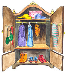 Ink and watercolor illustration of the open antique closet with clothes and shoes in it.
