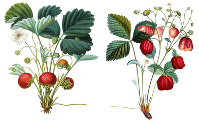Strawberry plant with red berries, green leaves and flowers antique botanical illustrations isolated on white background