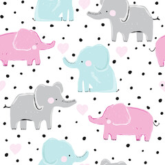 Seamless pattern with couple of elephants in love. Cute print. Vector hand drawn illustration.