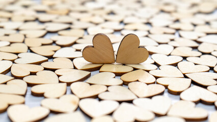 Beautiful Card With Romantic Valentine Wooden Hearts Shapes. Nature Concept. Wedding Card Decoration. Happy Valentine Day Background.