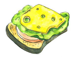 Watercolor and ink painting sketch of cheese and ham sandwich 