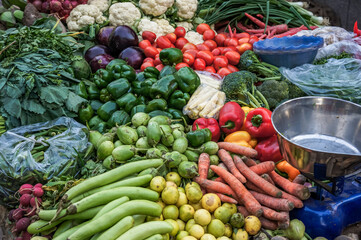 various vegetables on a stall at street market in New Delhi