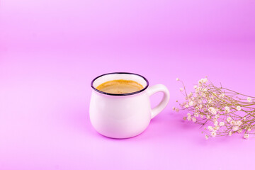 Obraz na płótnie Canvas Cup of coffee with dry flowers branch on pink background. Morning minimal romantic concept.