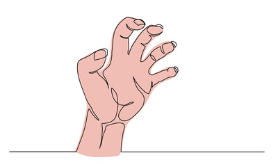 Scary arm, spooky arm gesture. One continuous line art drawing vector illustration of scary hand