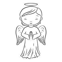 Cute cartoon angel. Vector illustration, isolated on white background. Coloring book page.