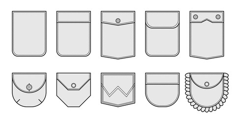 Set of patch pocket for clothing. Vector icons, isolated on a white background.