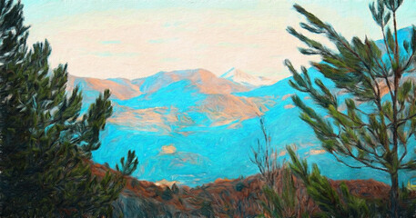 Fototapeta premium Trendy beautiful travel landscape, bright colors of power of nature. Touristic famous location. Oil painted wall art print in large size, creative drawing design. Contemporary pictorial artwork