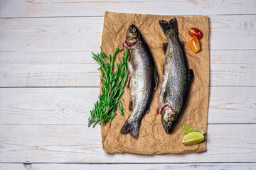 Raw fish, trout with on craft paper with ingredients for cooking. Fish, pepper, garlics, tomatoes, lemon and rosemary on white wooden table. Healthy food and dieting concept flat lay.