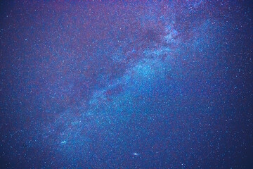 Nocne, bezchmurne pokryte gwiazdami niebo z widoczną wyraźnie galaktyką.
