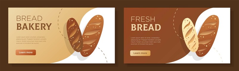 Bread bakery online banner template set, fresh warm breakfast corporate advertisement, horizontal ad, grain food campaign webpage, flyer, creative brochure, isolated on background