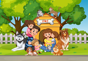 Obraz na płótnie Canvas Outdoor scene with family and their dogs