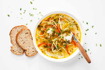Traditional Moldavian chicken soup with homemade pasta  on white background