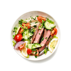 Fresh salad and creamy hummus are topped with  veggies and perfectly grilled steak in this Mediterranean Steak Bowl.  isolated on white background, top view	