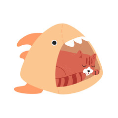 Ginger tired cat sleeps in a funny house in the form of a shark. Sleepy charming kitten lies on the pet bed. Peaceful little animal drawn in a flat style. Color vector illustration isolated on white.