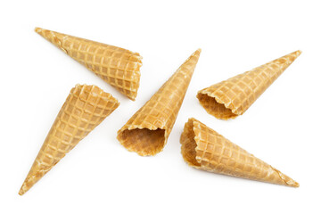 Waffle empty cones on white background. Ice cream cones, flat lay, top view image.