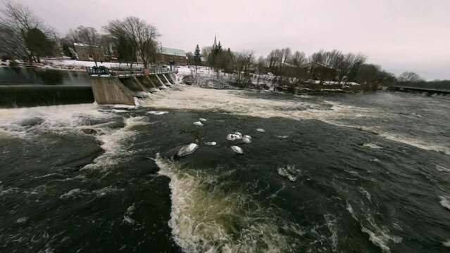 FPV drone video of river dam in Carleton Place Ontario during winter